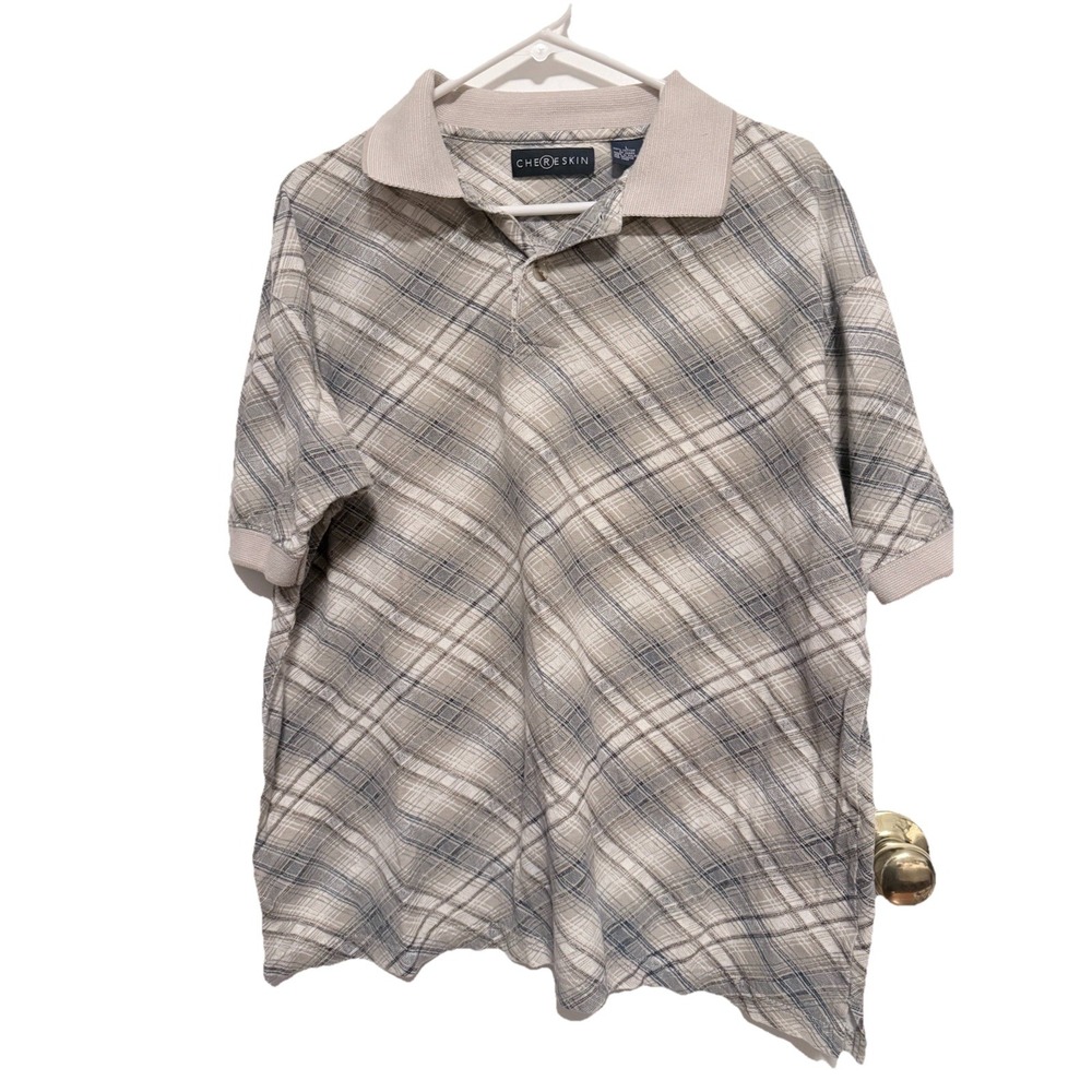Ron Chereskin Men's  Polo Large Plaid Blue Tan Cotton Short Sleeve 2 Button Golf